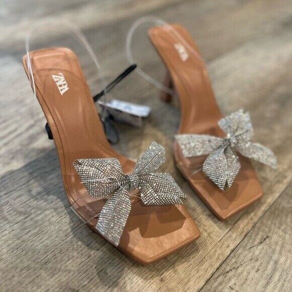 ZARA Embellished Bow Heels NWT – Vinyl Sandals with Rhinestone Detail, SZ 8 & 10 - Picture 11 of 16